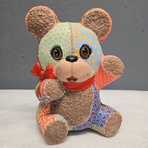 Pottery Patchwork Teddy Bear Figurine Nursery Baby Room Decor Vintage 80s Signed